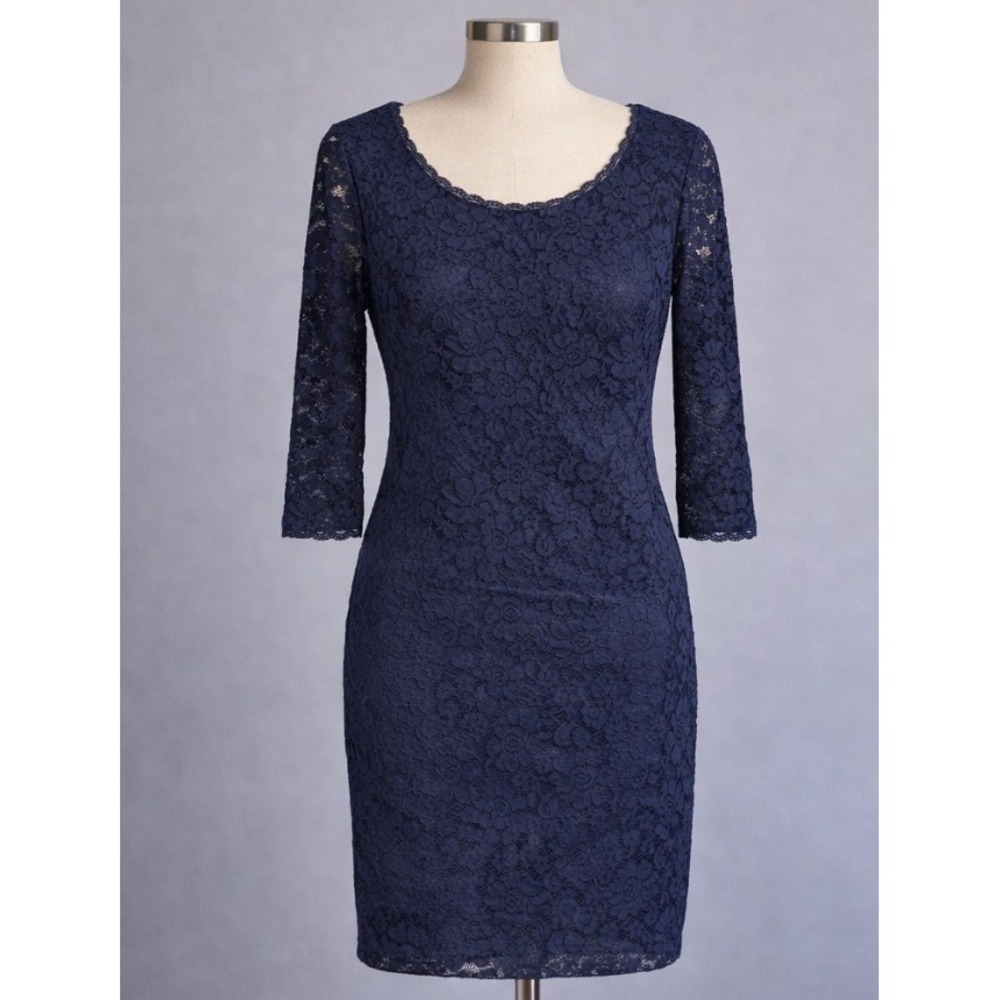 Laundry by Shelli Segal Navy Blue Floral Lace Sheath Dress 3/4 Sleeve‎ Size 8